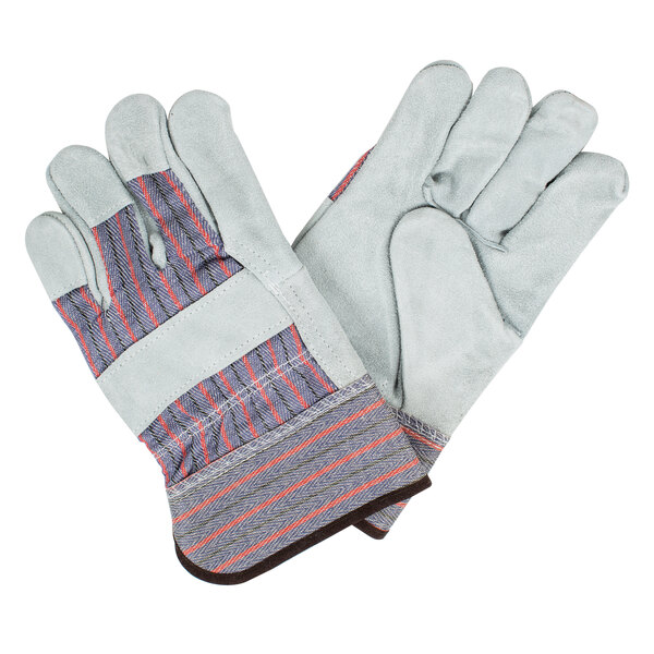 Cordova warehouse gloves with red and blue stripes, leather palms, and rubber cuffs.