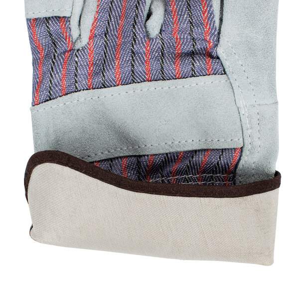 A close up of a pair of Cordova work gloves with blue and red stripes.