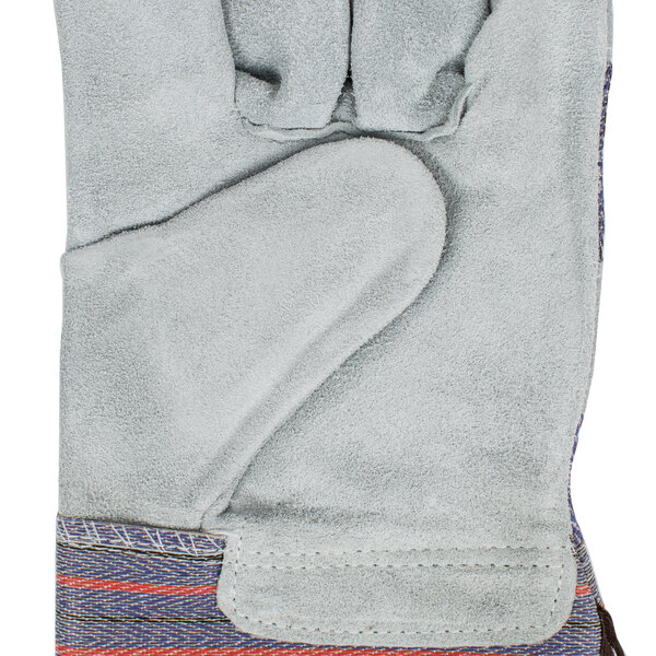 A gray leather Cordova work glove with blue and red stripes on the cuff.