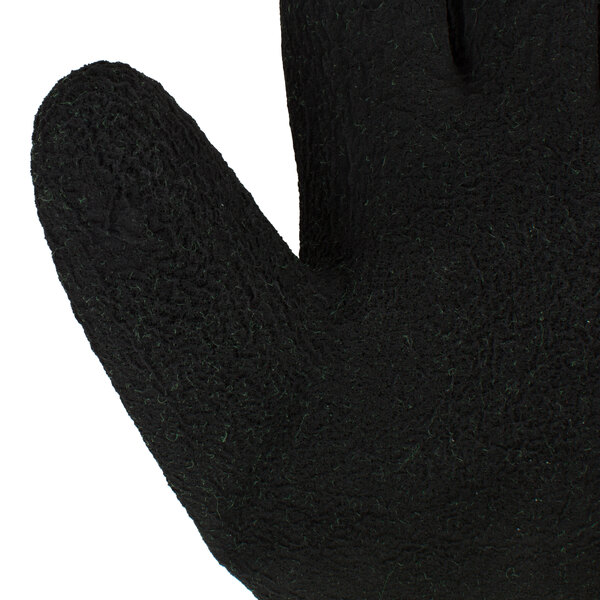 A close up of a Cordova Cold Snap small green warehouse glove with black foam latex coating on the palm.