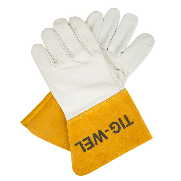 A pair of white leather Cordova welder's gloves with yellow cuffs.