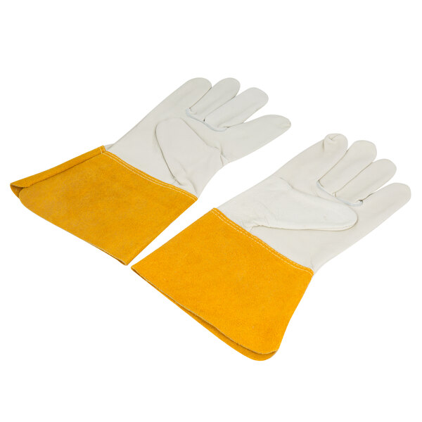 A pair of yellow leather Cordova welder's gloves with russet leather cuffs.