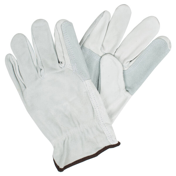 A pair of white leather Cordova driver's gloves with brown stitching.