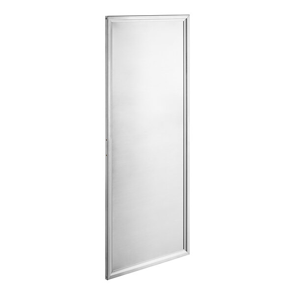 A stainless steel door with a white rectangular surface and border.