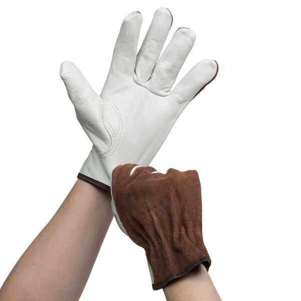 A pair of brown and white Cordova Select grain cowhide leather driver's gloves.