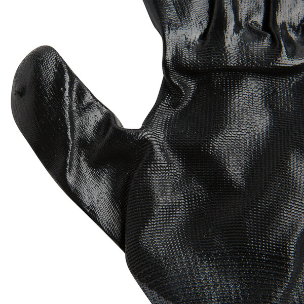 A pair of black Cordova warehouse gloves with black nitrile palms on a white background.