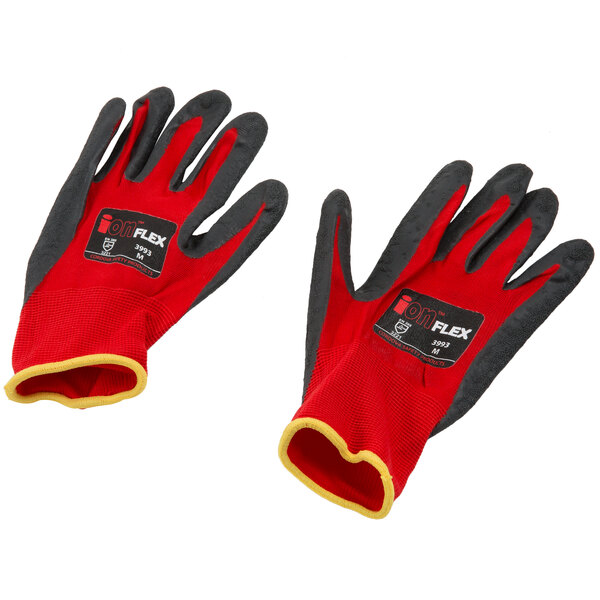 A pair of red Cordova warehouse gloves with dark gray latex coating on the palm.