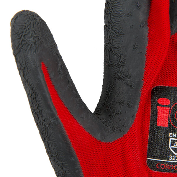 A pair of red Cordova gloves with dark gray latex coating on the palm and black crinkle latex.