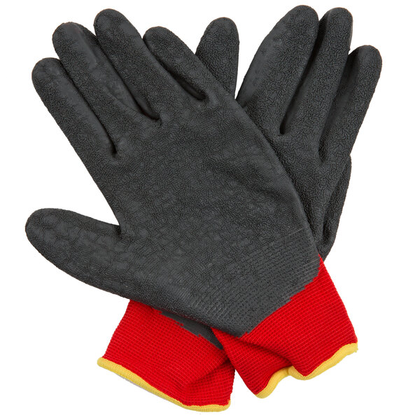 A pair of red and black Cordova warehouse gloves with dark gray latex coating on the palm and yellow tips.
