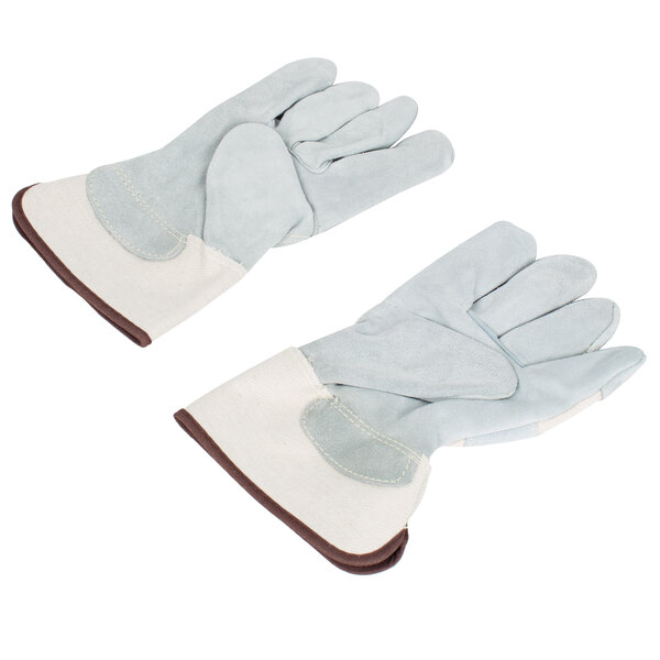 A pair of Cordova small white canvas work gloves with leather palms and rubber cuffs on a white background.