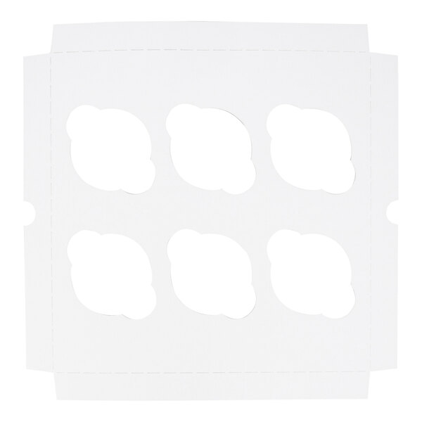 A white cardboard cupcake insert with six cut-out slots for holding standard-sized cupcakes.