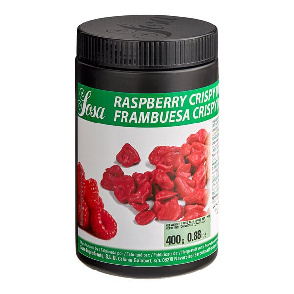 A black jar of Sosa Raspberry Wet-Proof Crispies with a label.