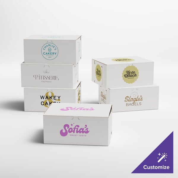 A white Baker's Lane cake box with customizable text and a blue logo.