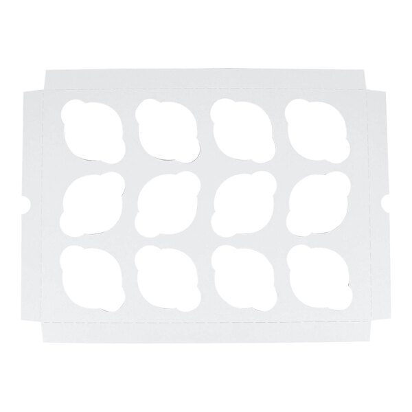 A white cardboard cupcake insert with twelve cutouts designed to hold standard-sized cupcakes in a 14 x 10 inch box.