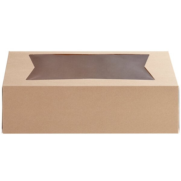 A rectangular kraft bakery box with a clear window on top.