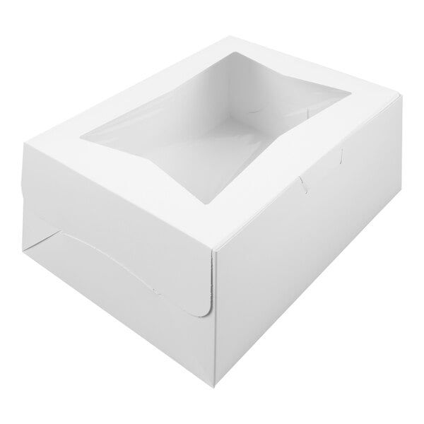 A white bakery box with a clear window on top, designed for holding cakes or pastries.