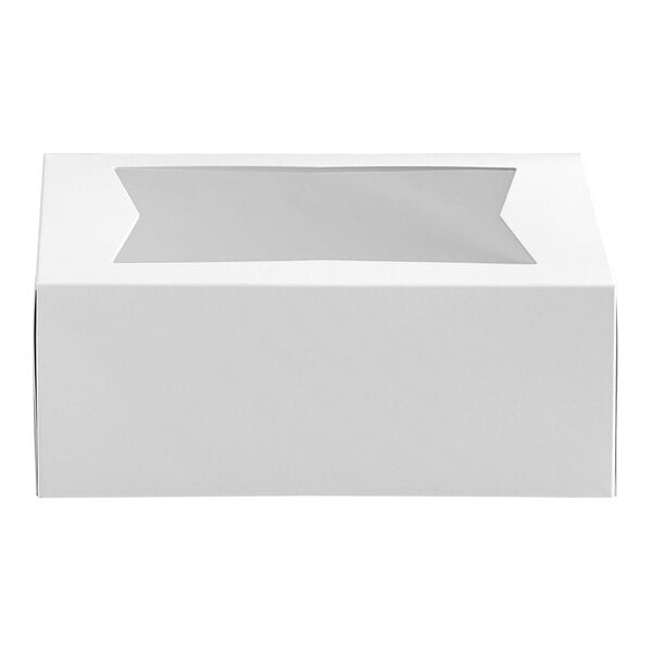 A white bakery box with a clear window on top, designed for cakes, donuts, or pastries.