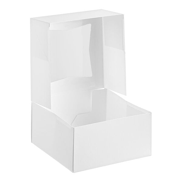 A white customizable bakery box with a clear window and auto-popup design, shown open.