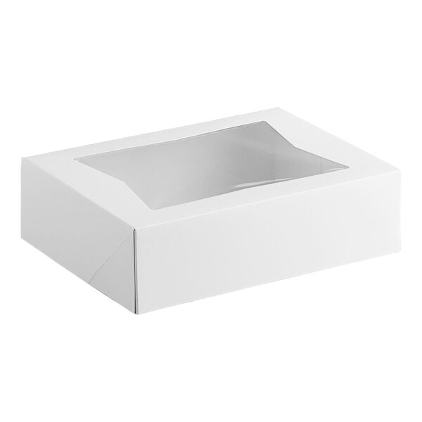 A white rectangular bakery box with a clear window on top.