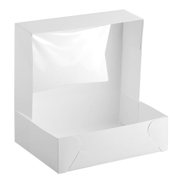 A white auto-popup bakery box with a clear window on the lid, designed for cakes or baked goods.