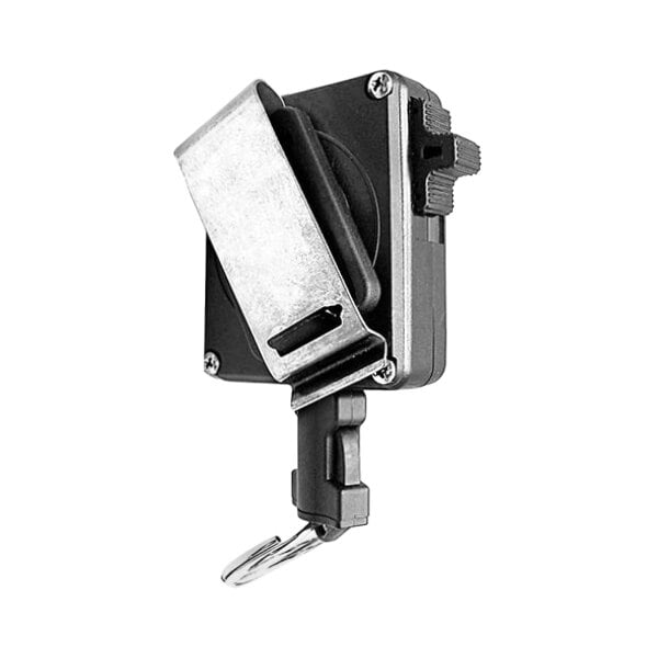 A black Gear Keeper device with a black and white nylon/kevlar cable attached to a metal hook.