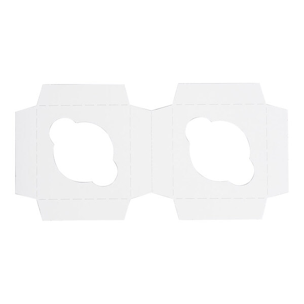 A flat, white cardboard cupcake insert with two circular cutouts, designed to hold one standard cupcake in a 4" x 4" box.
