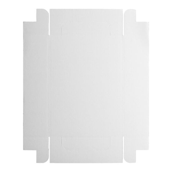 A flat, unfolded white corrugated cardboard tray with pre-scored lines and flaps for assembly.
