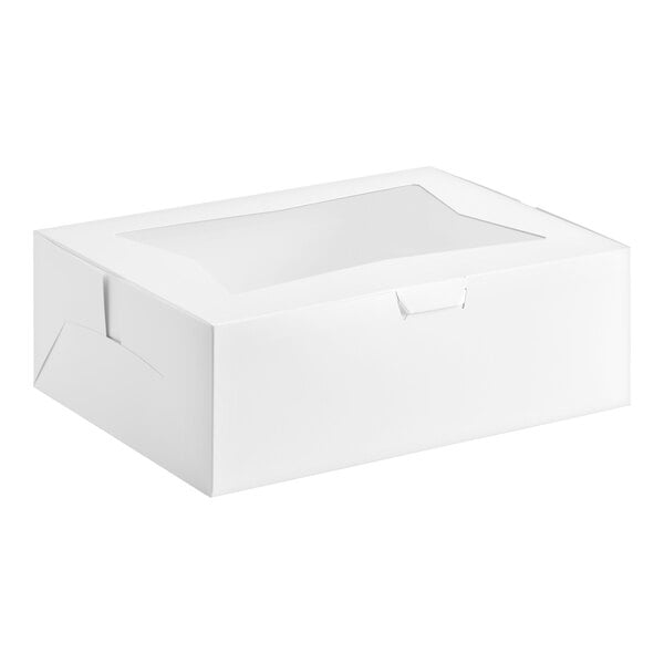 A white rectangular box with a transparent window on the top, designed for bakery or cake packaging.