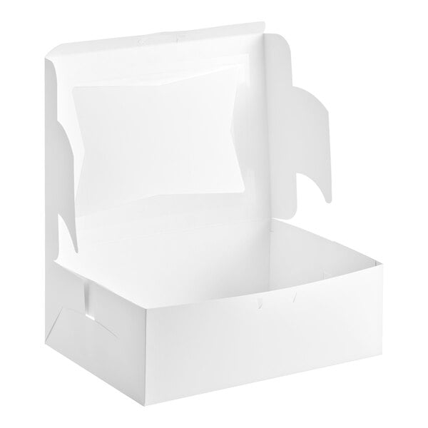 An open white cardboard box with a transparent window on the lid.