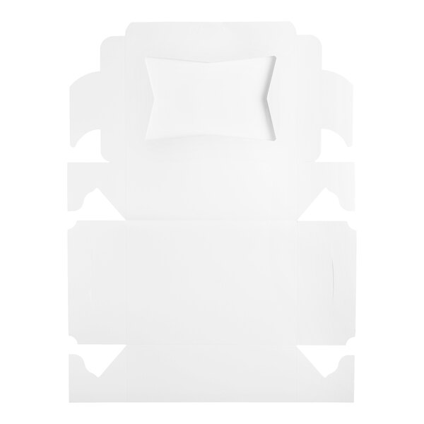 A flat, unfolded white cardboard sheet with pre-cut edges and a rectangular window in the center, designed to be assembled into a box.