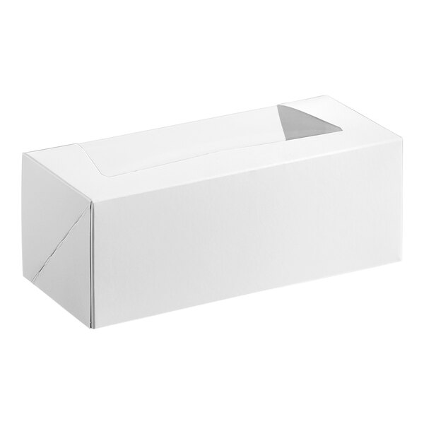 A white rectangular bakery box with a clear window on top.