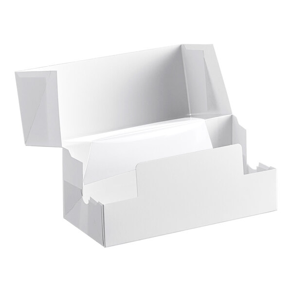 A white, customizable auto-popup bakery box with an open lid, designed for packaging donuts or baked goods.