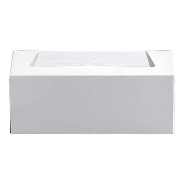 A white rectangular bakery box with a clear window on top.