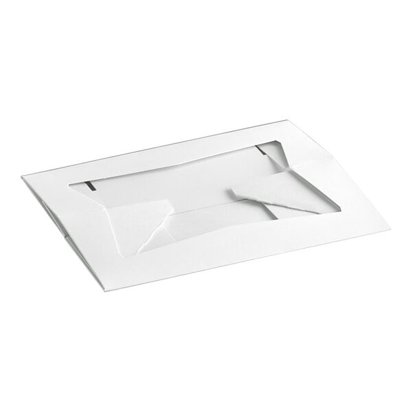 A white rectangular bakery box with a clear window on top, designed for packaging donuts or baked goods.