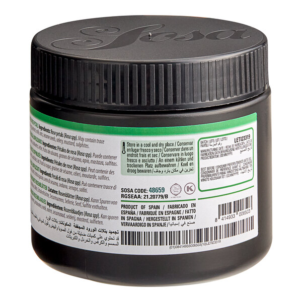 A black plastic container of Sosa Freeze-Dried Red Rose Petals with a white label.