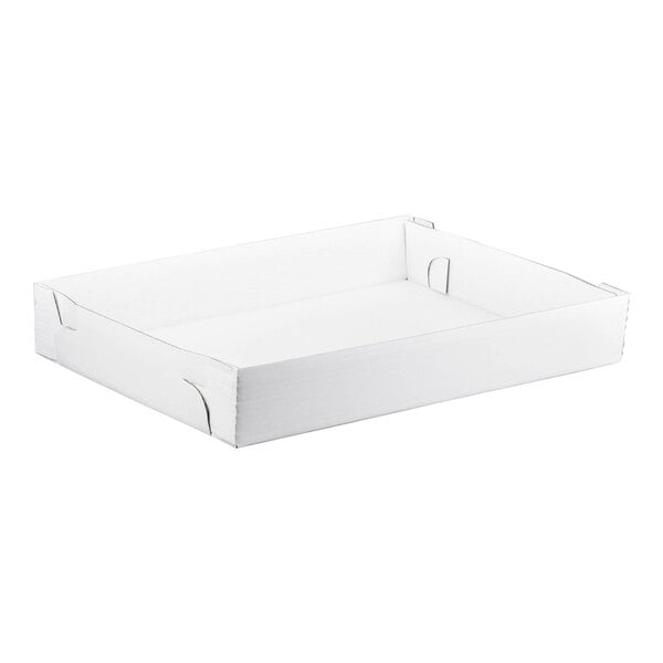 A white corrugated cardboard bakery box bottom with raised sides.