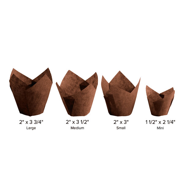 A brown paper wrapper with Baker's Mark Chocolate Brown Small Tulip Baking Cups.