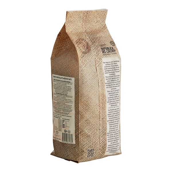 A brown bag of Republica del Cacao Mexico Dark Chocolate Couverture with a white label.