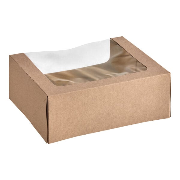 A brown rectangular cardboard box with a transparent window on the top.