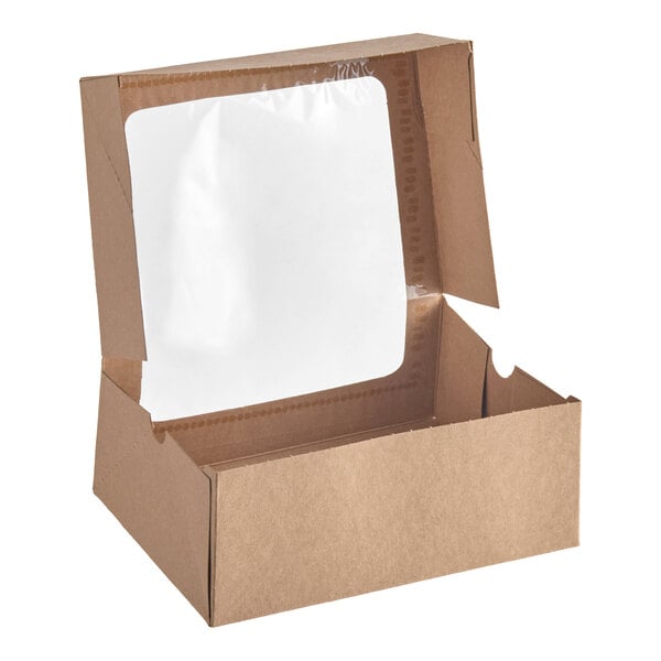A brown cardboard box with a transparent window on the lid, shown open and empty.