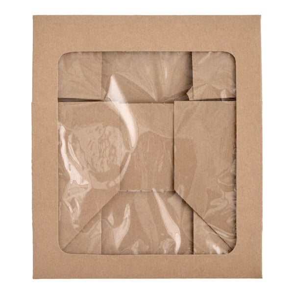A brown cardboard box with a clear plastic window on the top, viewed from above.