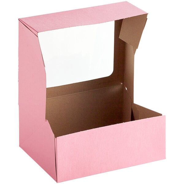 A Baker's Mark pink bakery box with a window.