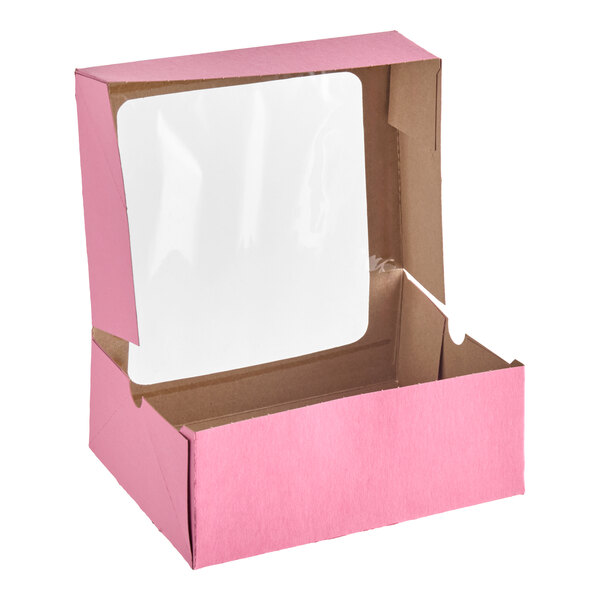 Baker's Lane 9" x 7" x 3 1/2" Pink Auto-Popup Window Cake / Bakery Box - 10/Pack