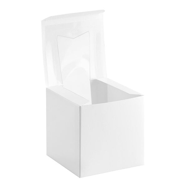 A white Baker's Mark cupcake box with a clear window lid.