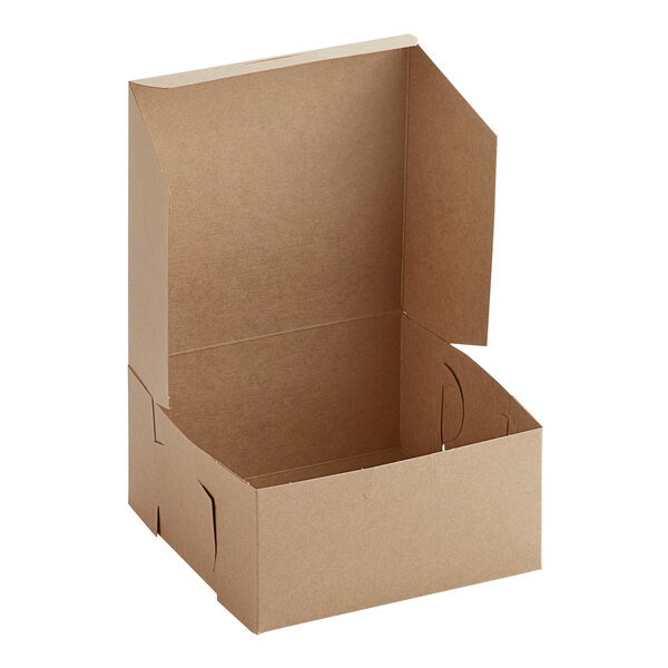 A Baker's Mark brown cardboard bakery box with an open lid.