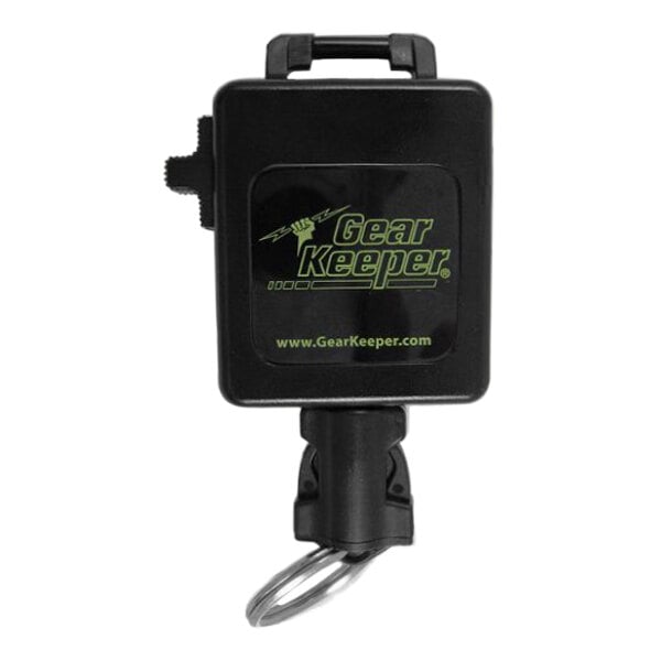 A black Gear Keeper key chain with a logo.