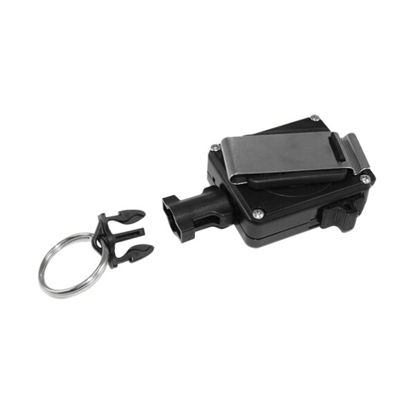 A black Gear Keeper device with a black and silver key chain attached.