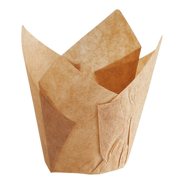 A Baker's Mark unbleached natural kraft tulip baking cup.