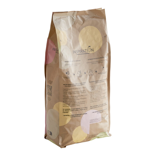 A brown bag of Valrhona Raspberry Inspiration Couverture Feve with text and images.