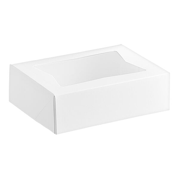 A white rectangular bakery box with a clear window on the top.